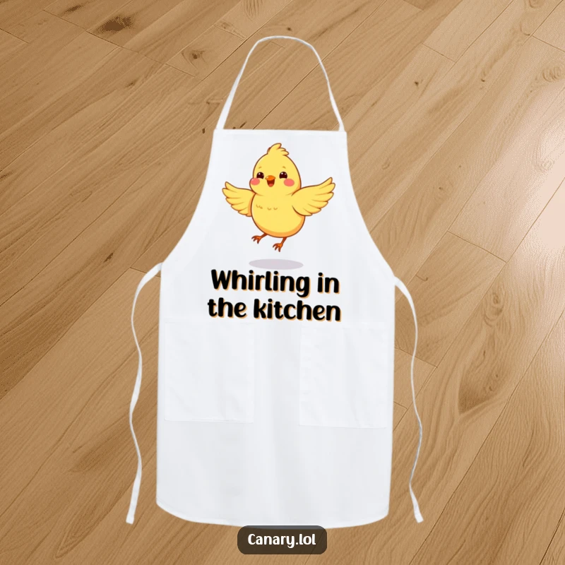 Funny apron featuring a happy canary spinning in a circle with wings flapping, bringing energetic flair to kitchen tasks.