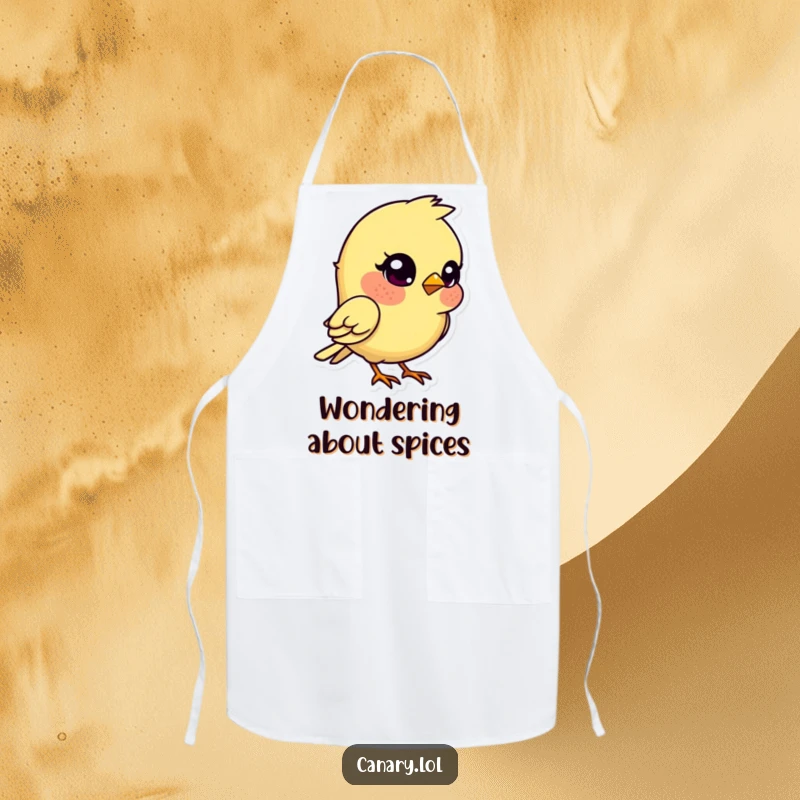 Funny kawaii canary bird apron, head tilted quizzically, a humorous and practical kitchen accessory.
