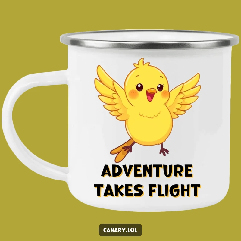 Funny Kawaii Canary Camping Mug: Playful Fluttering Bird for Outdoor Adventures!