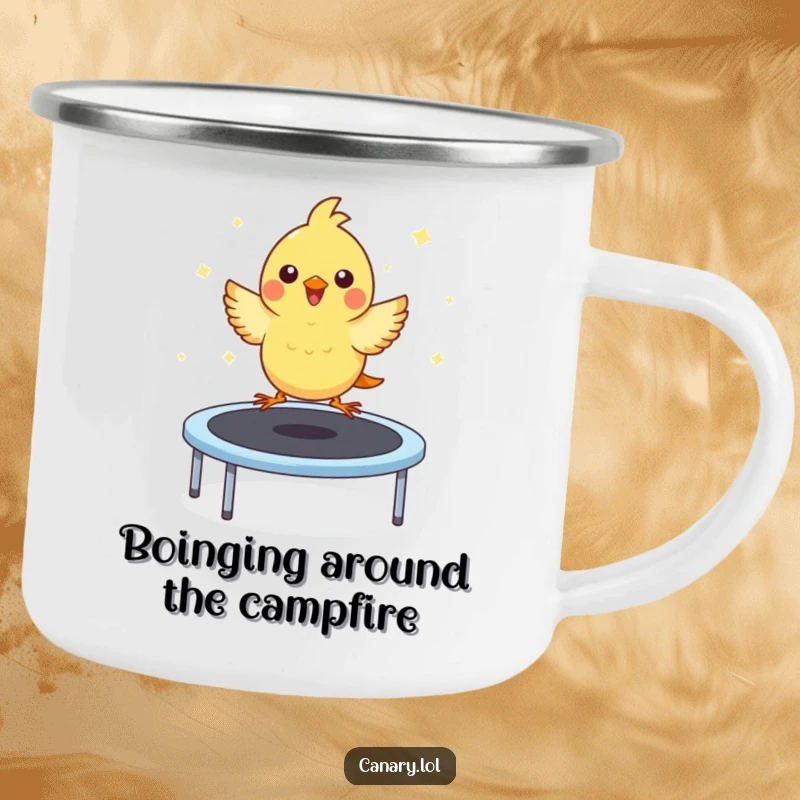 Funny camping mug featuring a kawaii canary with eyes closed in pure bliss, bouncing high on a trampoline, ready for outdoor fun.