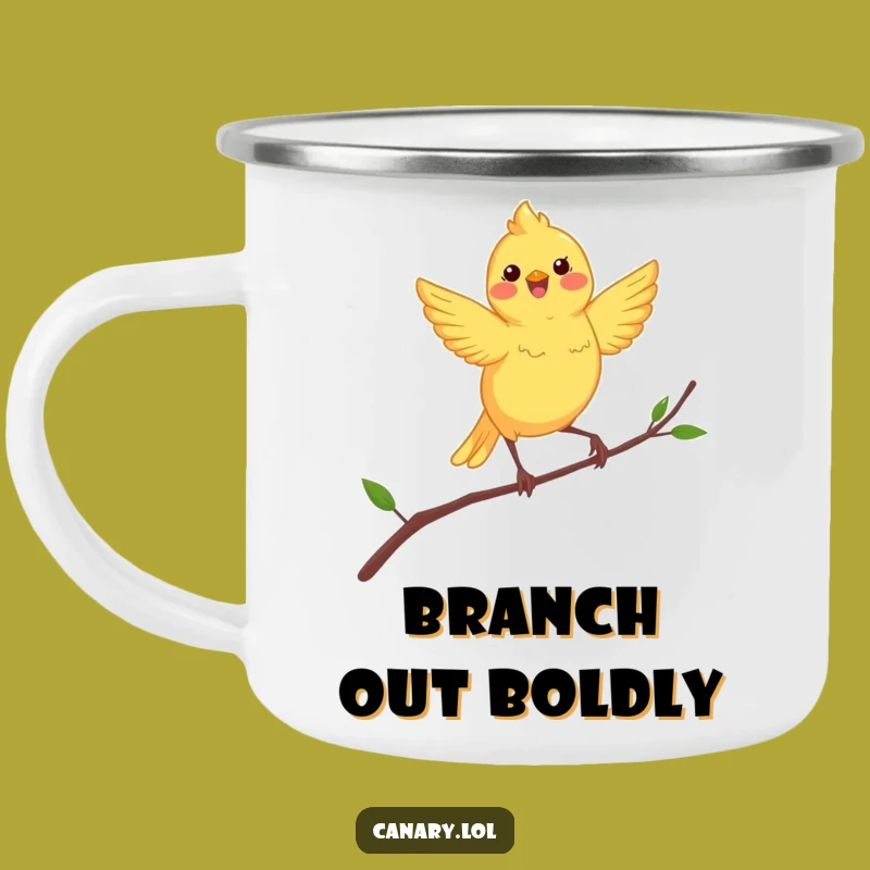 Funny Dancing Canary Enamel Camping Mug: Adventure with Birdy Fun