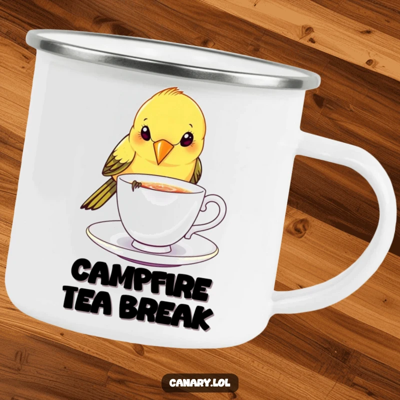 Funny canary bird camping mug, playfully dipping beak into a tiny, sparkling teacup, durable for chic adventures.