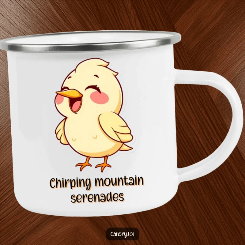 Funny kawaii canary bird camping mug, huge smile, belting out a high note. A durable and humorous mug for singers and campers.