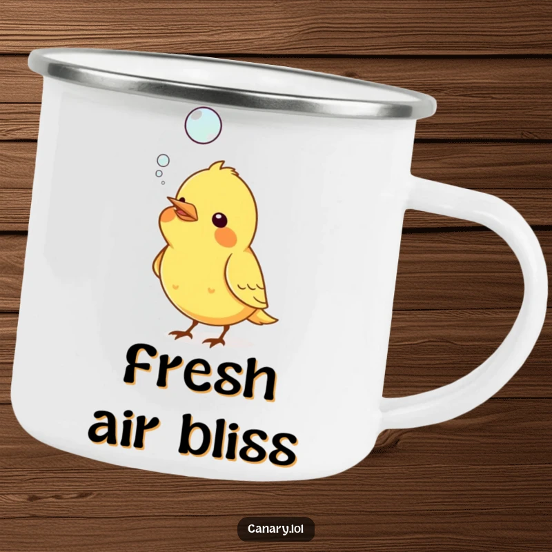 Funny enamel camping mug showing a canary bird blowing a large, floating bubble from its beak, perfect for outdoor whimsy.
