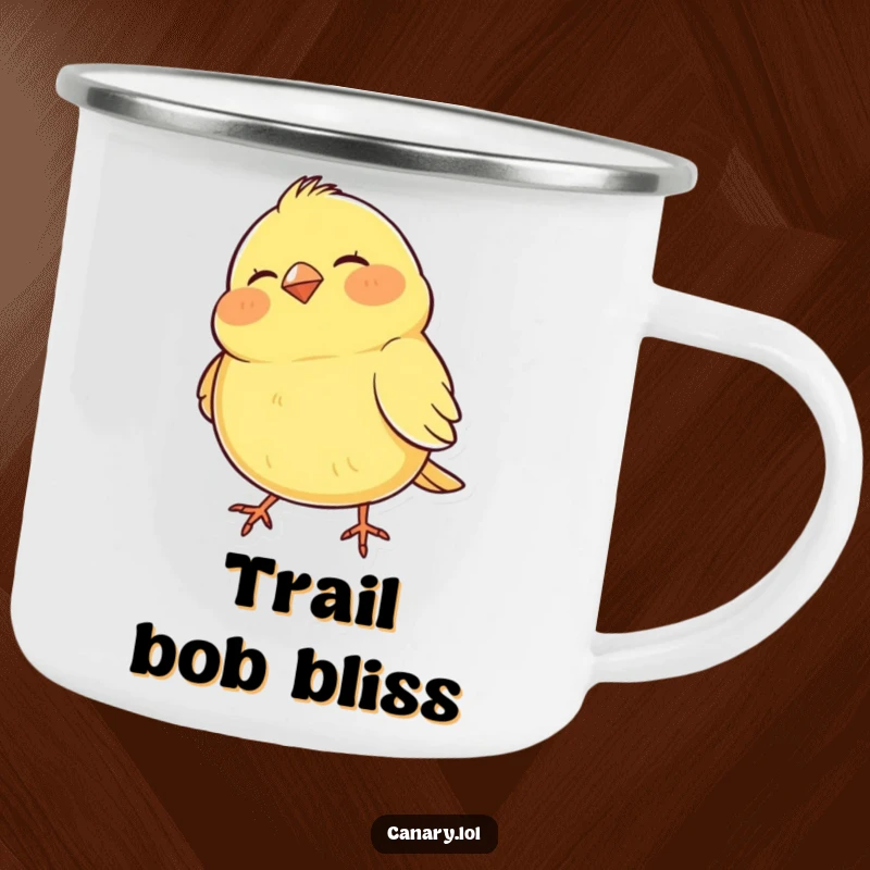 Funny Camping Mug showcasing a happy canary with puffed cheeks, rhythmically bobbing its head, ready for outdoor adventures.