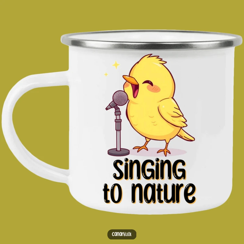 Funny Camping Mug: Beaming Canary Sings - Outdoor Humor Gift