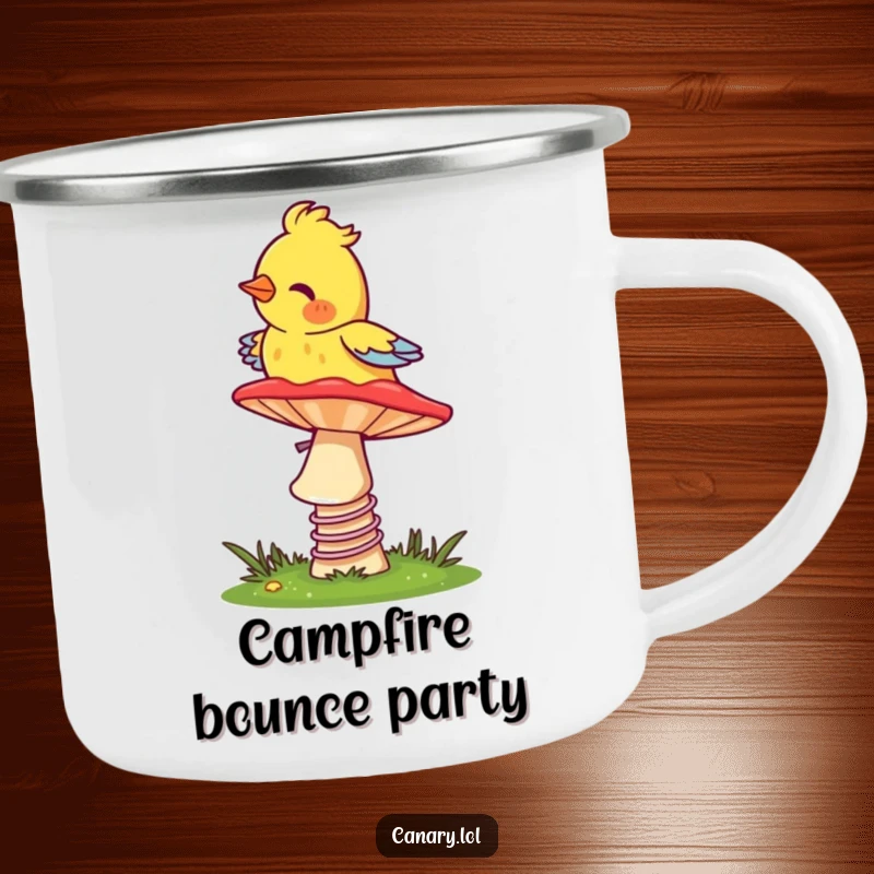 Funny Canary Camp Mug: A sturdy mug showing a bird bouncing on a mushroom, perfect for outdoor fun and whimsical drinks.