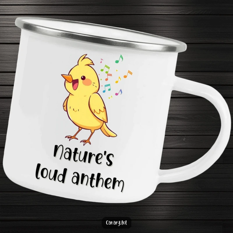 Funny canary bird camping mug, spilling musical notes, ideal for enjoying coffee outdoors with a humorous, musical touch.