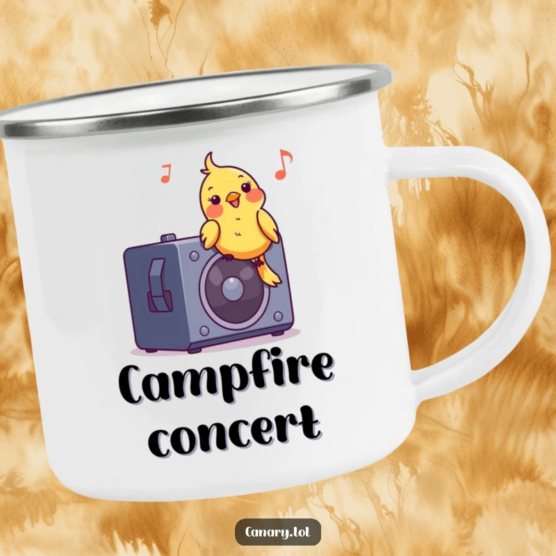 Funny camping mug featuring a canary bird bobbing its head to music on a speaker, perfect for enjoying beverages outdoors.