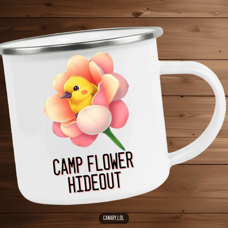 Funny camping mug with a curious canary bird playfully peeking from a vibrantly colored flower, perfect for outdoor enjoyment.