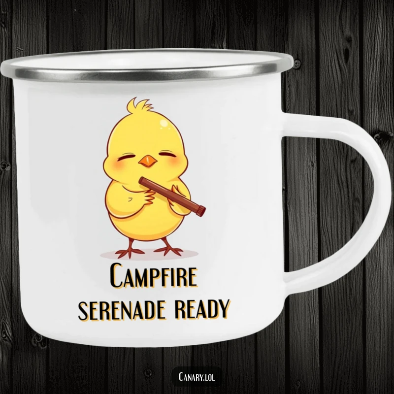 Funny camping mug featuring a happy canary with eyes closed, playing a tiny flute, perfect for enjoying peaceful melodies outdoors.
