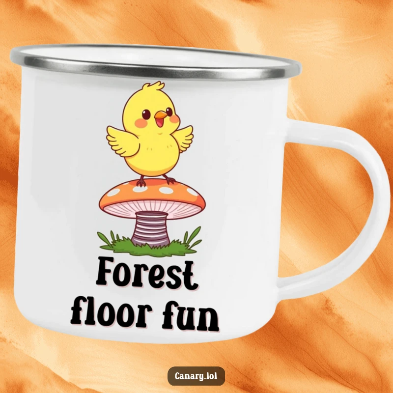 Funny Canary Mushroom Camping Mug shows a happy canary bouncing on a colorful mushroom, perfect for outdoor fun.