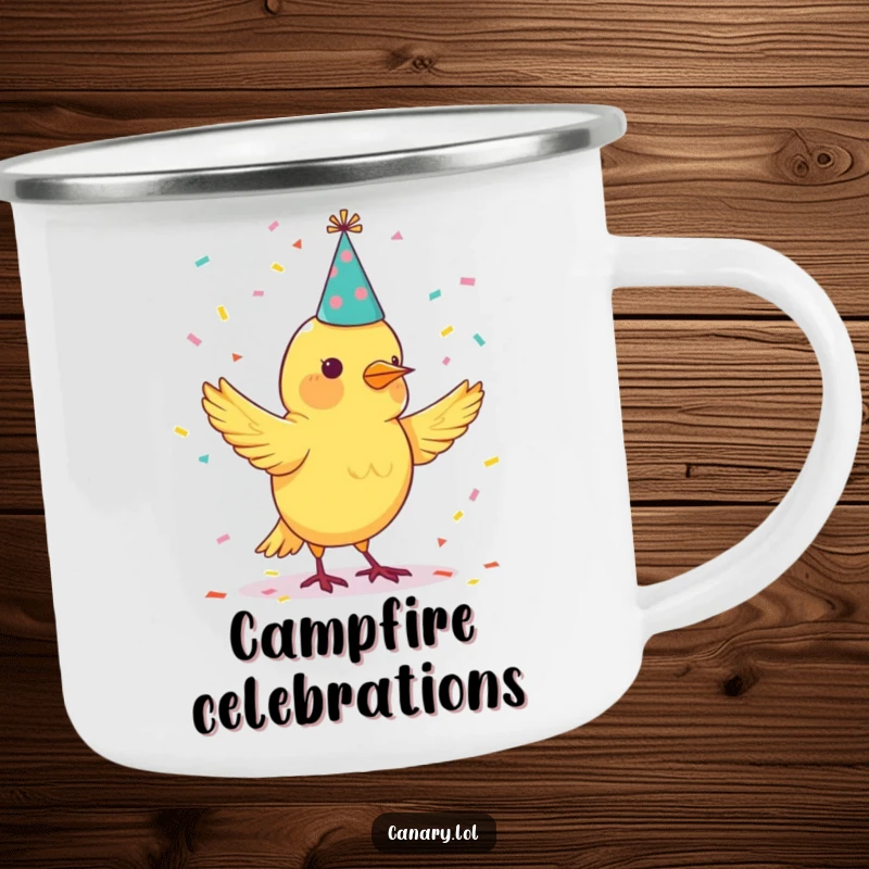 Funny camping mug with a canary bird in a party hat juggling confetti, perfect for festive outdoor enjoyment.