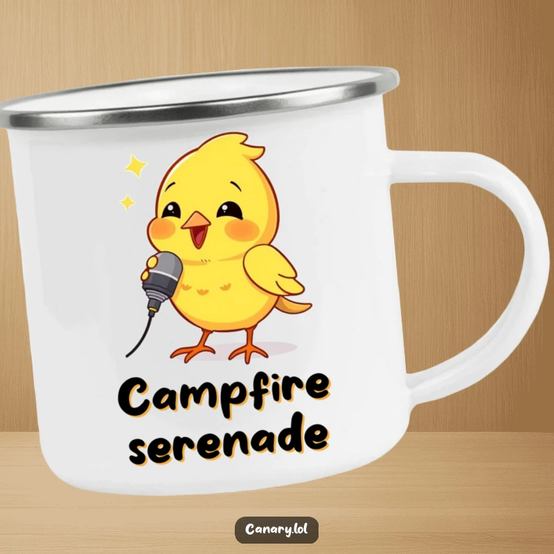 Funny enamel camping mug depicting a canary bird holding a tiny microphone and singing powerfully, perfect for outdoor music.