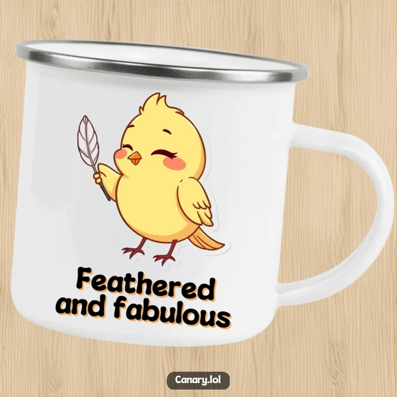 Funny canary bird camping mug, winking and holding a single, perfect feather, for outdoor enjoyment.