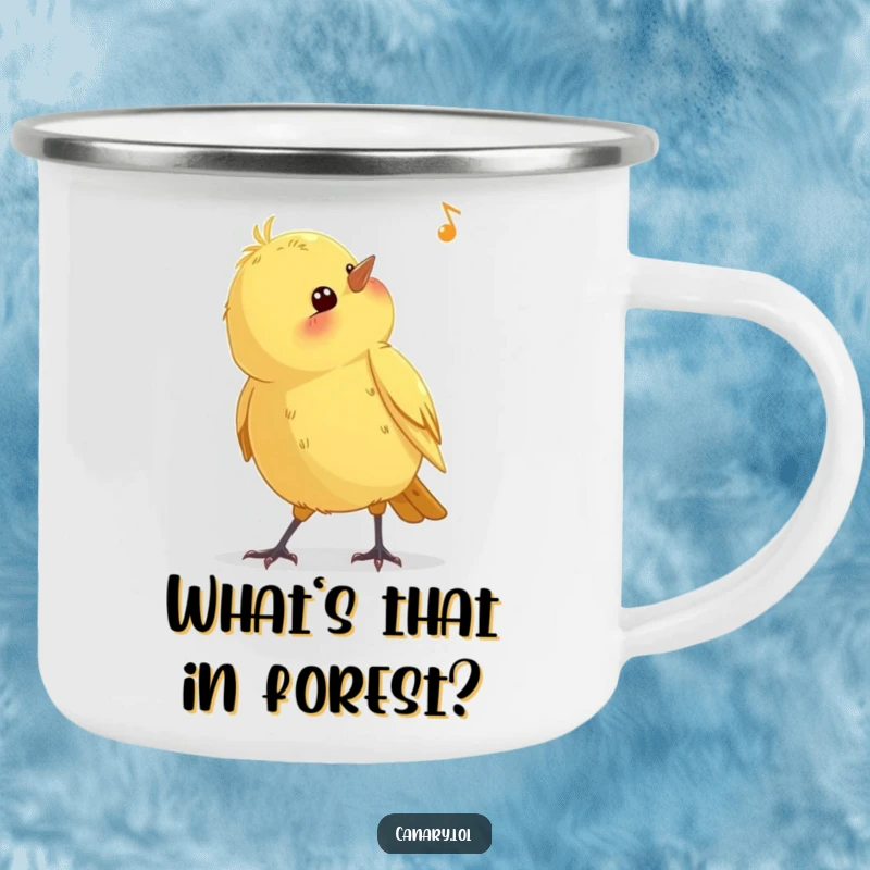 Funny curious canary bird camping mug, head tilted listening, durable and portable, perfect for outdoor enthusiasts, a humorous gift.