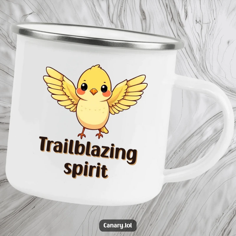 Funny camping mug illustrated with a cute yellow canary spreading its wings wide, ready for flight, perfect for explorers.