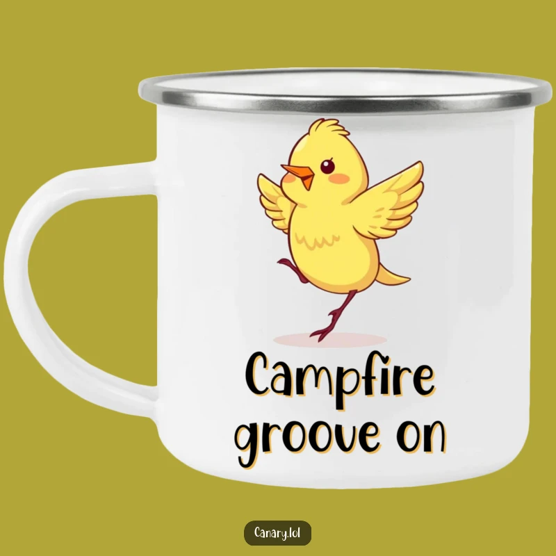Funny Dancing Canary Camping Mug - Cheerful Bird Outdoor Gift
