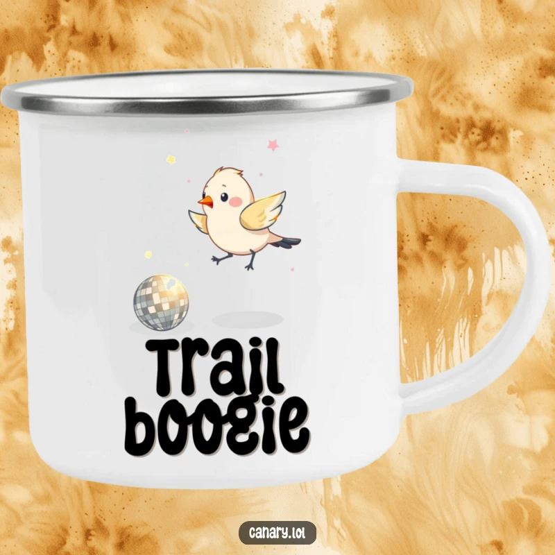 Funny camping mug featuring an excited bird hopping around a disco ball, perfect for enjoying drinks under the stars.
