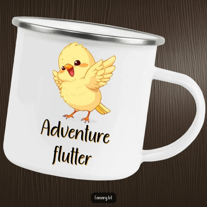 Funny Camping Mug showing a fluffy canary bird with wings fluttering in excitement, ready for any outdoor fun.