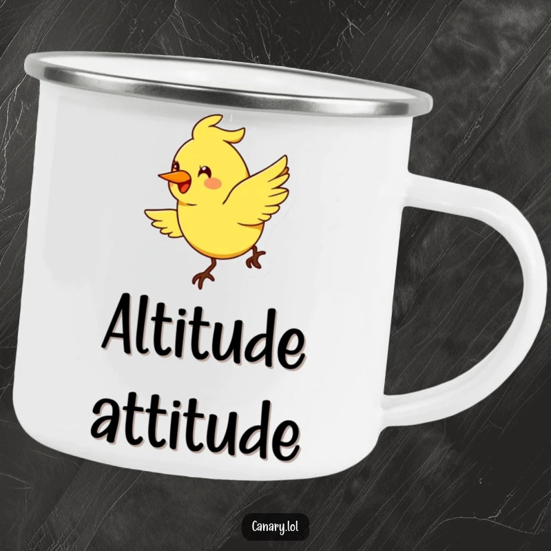 Funny stylized canary bird camping mug, exaggerated smile, flying in a cheerful arc, outdoor enamel cup.