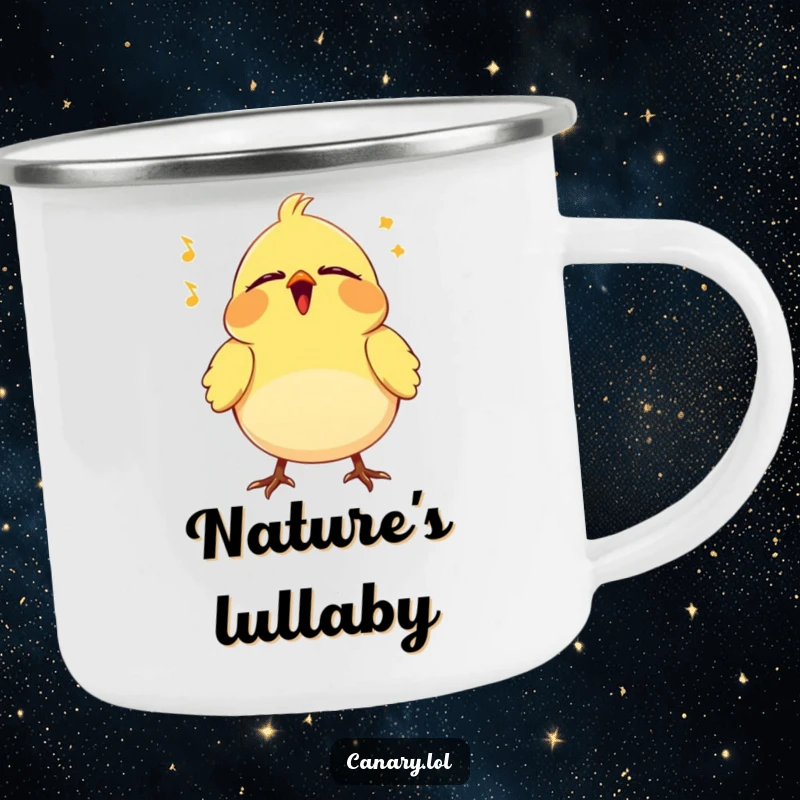 Funny Canary Camping Mug: Sturdy mug featuring a tiny bird vibrating happily with eyes closed, singing a song of contentment.