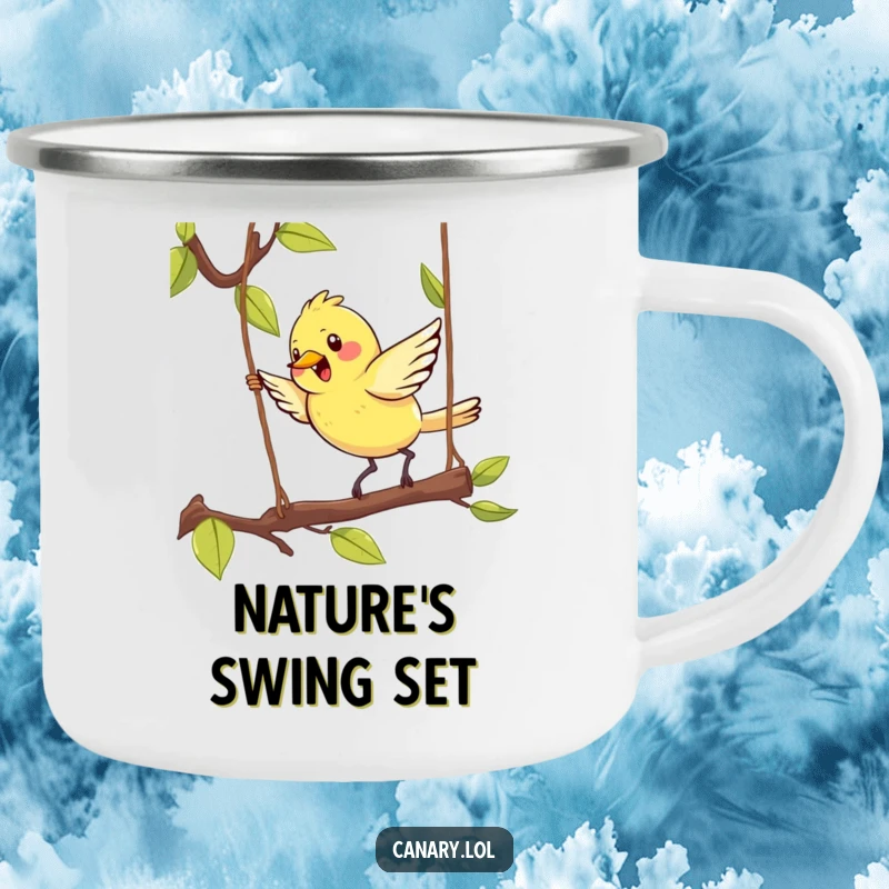 Funny Kawaii Canary Camping Mug featuring an energetic bird hopping on a swinging branch, perfect for enjoying drinks outdoors with charm.