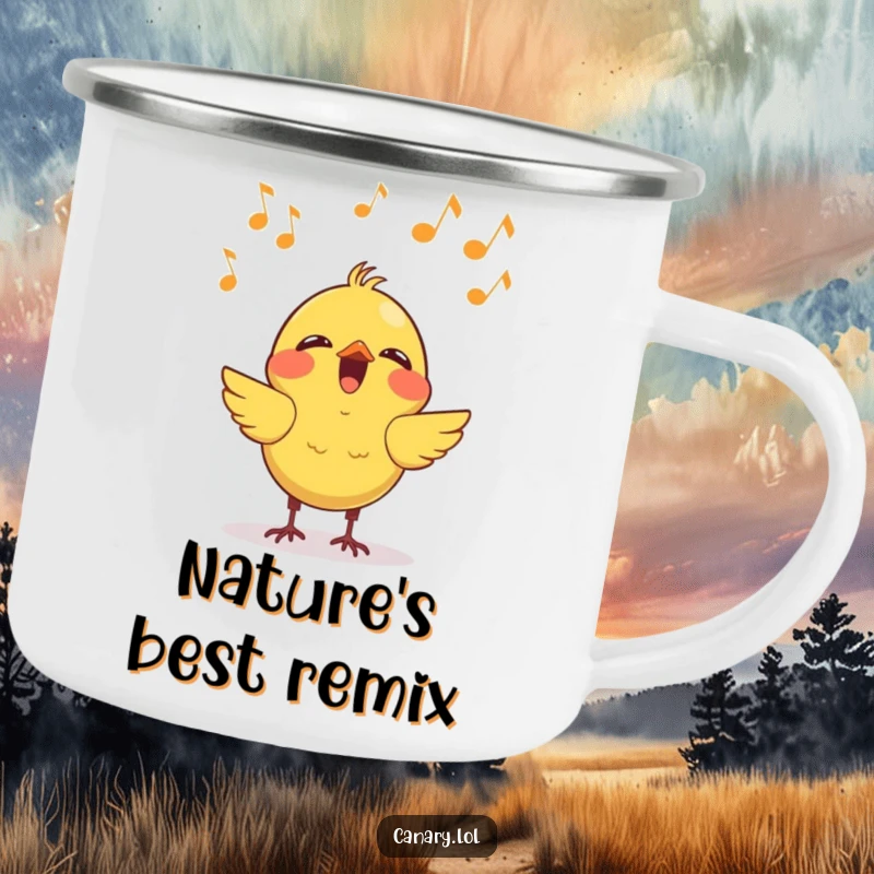 Funny kawaii canary singing camping mug, depicting a cheerful bird with musical notes, ideal for outdoor enjoyment with a humorous, musical touch.