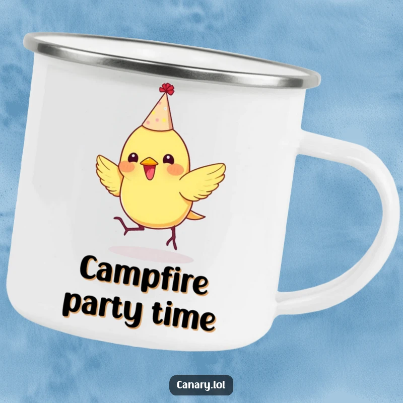 Funny camping mug with a tiny canary in a party hat, bouncing enthusiastically, ready for outdoor celebrations.