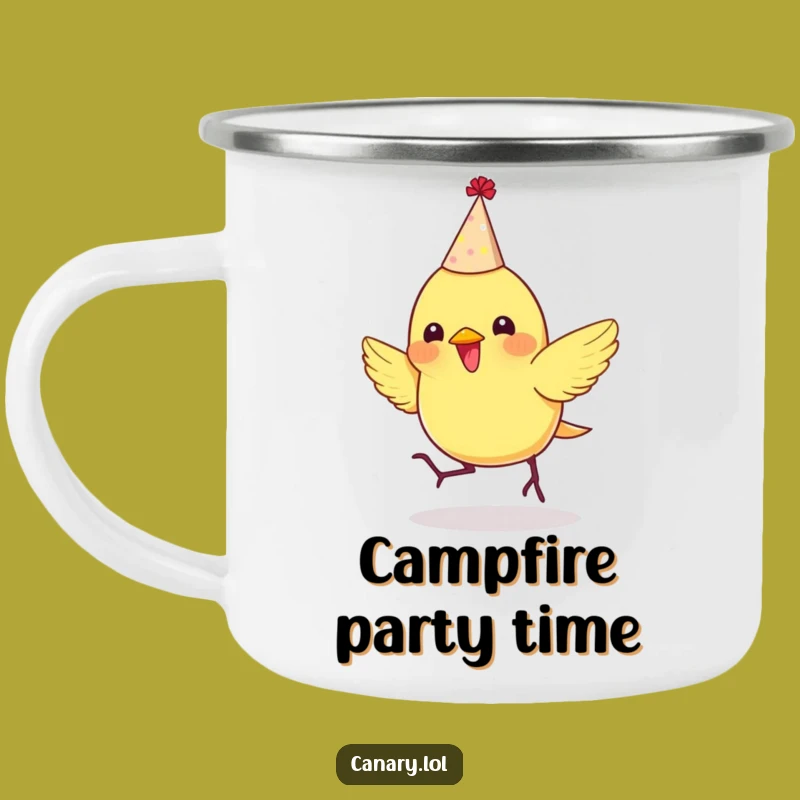 Funny Party Canary Camping Mug: Rustic Bouncing Bird Adventure Drinkware