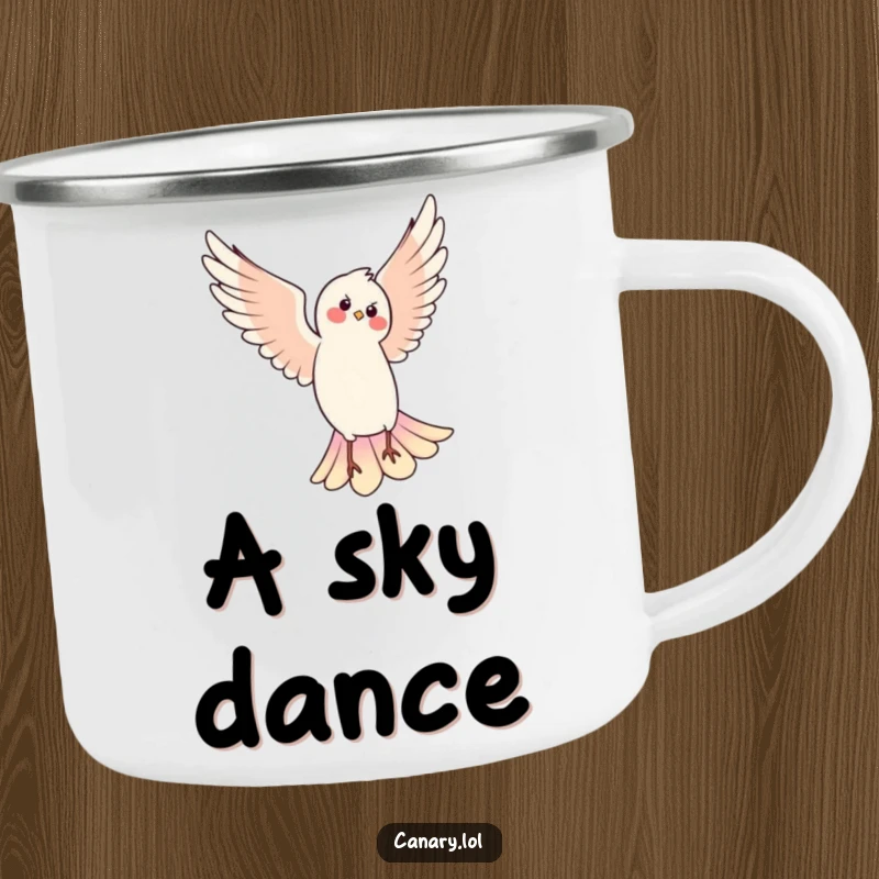 Funny camping mug showing a bird performing a balletic pirouette in the air, perfect for enjoying drinks outdoors humorously.