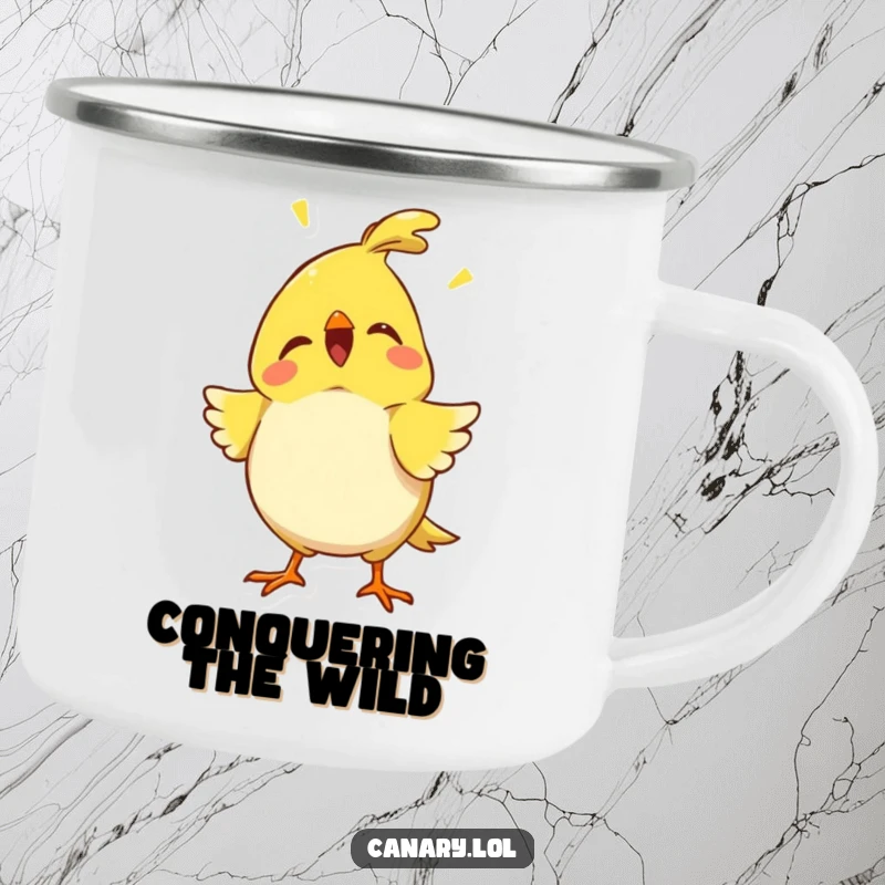Funny proud canary camping mug with chest puffed out and chirping, ideal for outdoor enjoyment with a humorous, confident touch.