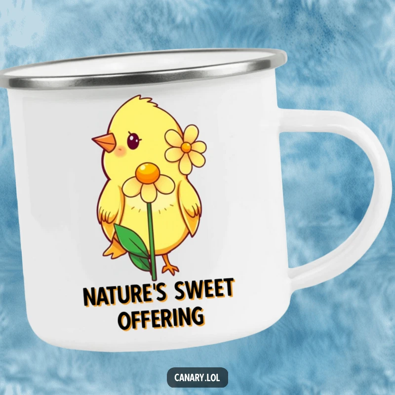 Funny camping mug featuring a shy canary with a soft smile, offering a single flower, perfect for sweet moments outdoors.