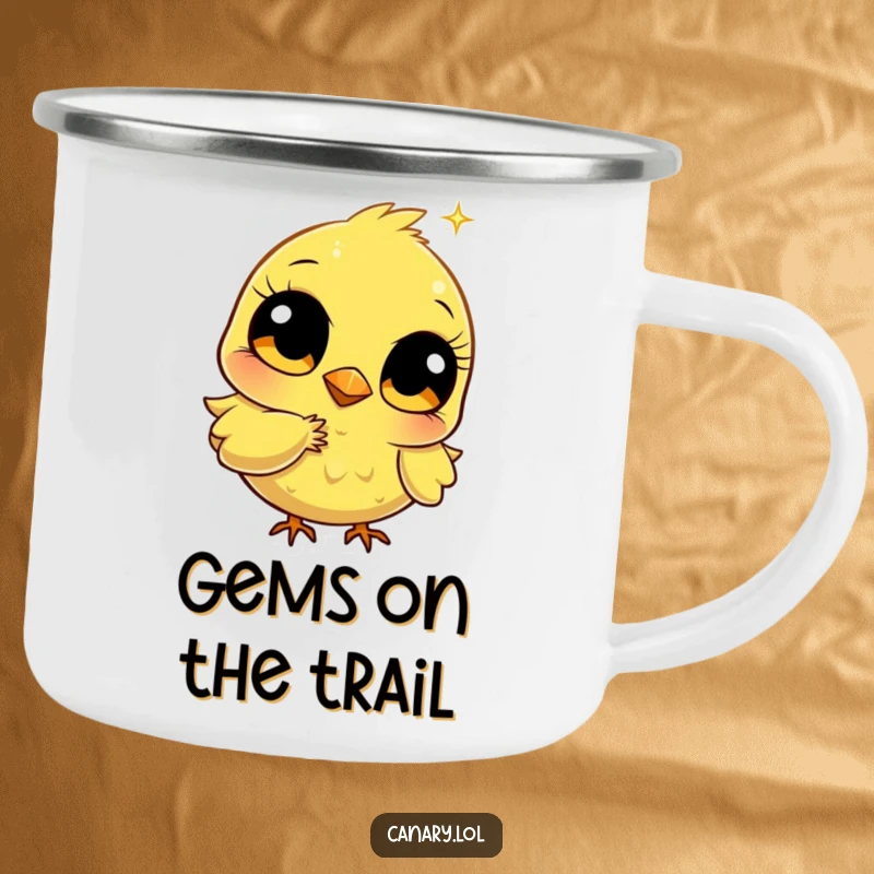Funny stylized canary camping mug with big bright eyes pecking a golden sparkle, ideal for outdoor enjoyment with a humorous, sparkling touch.
