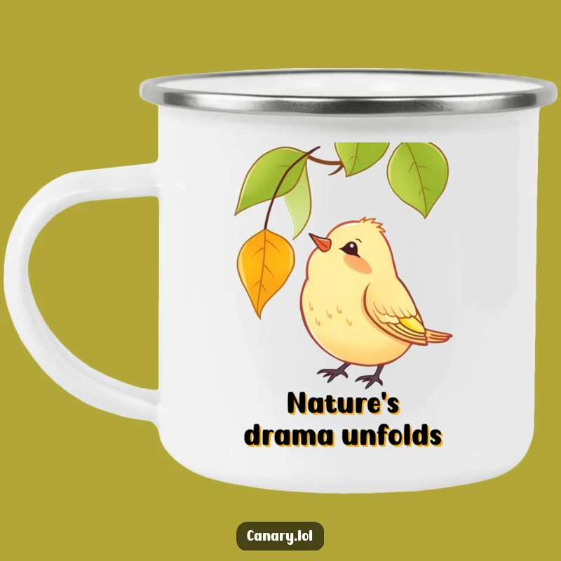 Funny Enamel Camping Mug: Curious Canary Leaf Watcher, Outdoor Bird Gift