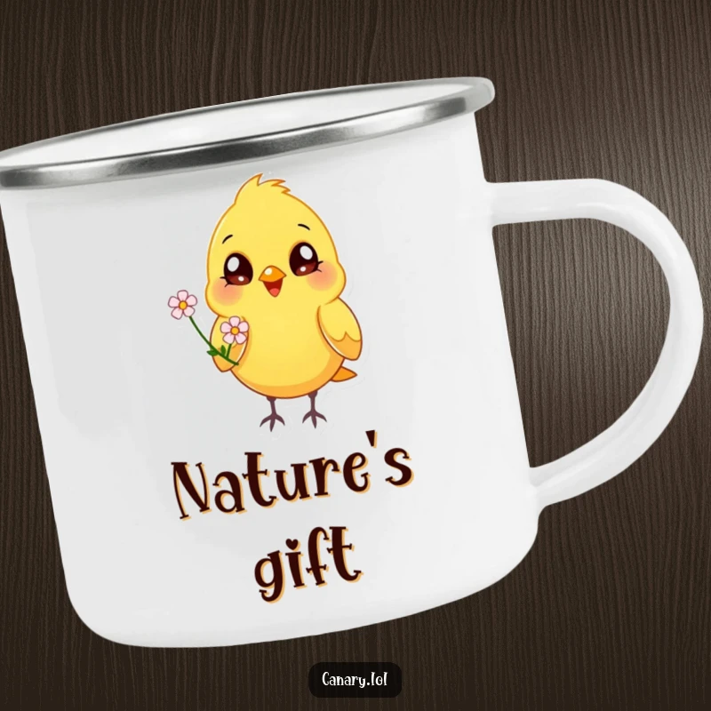 Funny happy canary bird camping mug, bright eyes, offering a flower, cheerful enamel cup, outdoor gift.