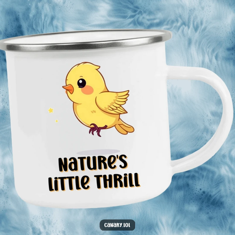 Funny Camping Mug featuring a playful canary bird chasing a sparkling dust mote, perfect for outdoor drinks.