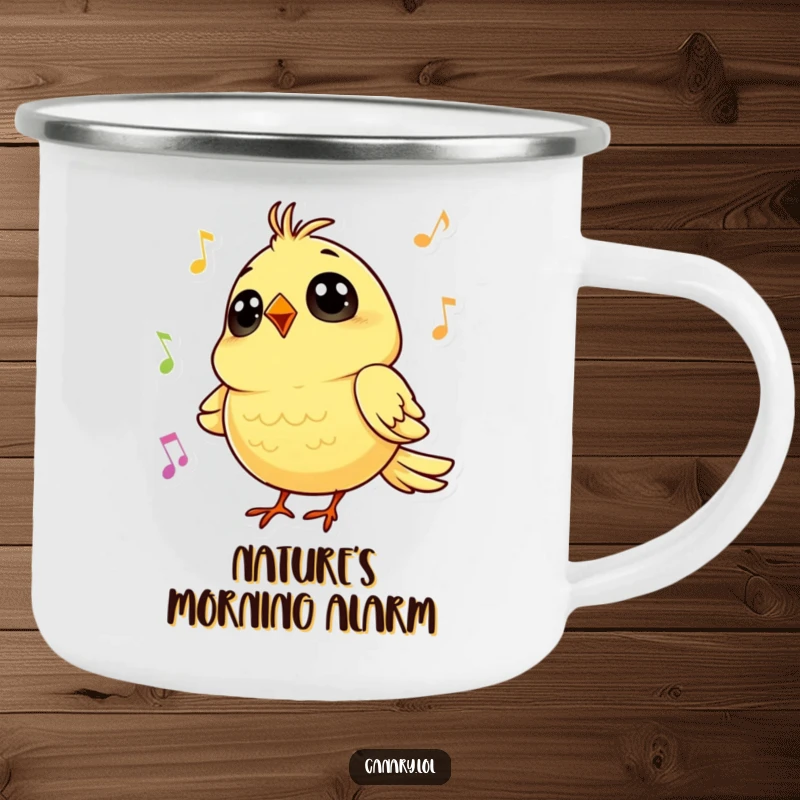 Funny camping mug with a tiny canary, big round eyes, singing a cheerful tune, ready for outdoor escapades.