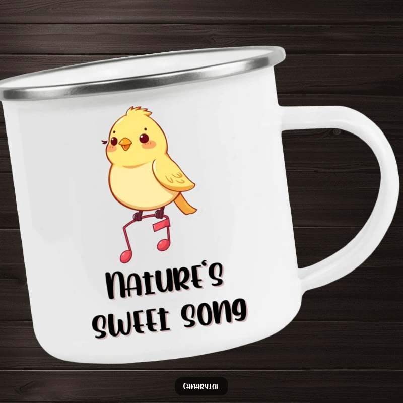 Funny canary enamel camping mug showcasing a pleased yellow bird perched on a tiny musical note, perfect for music lovers.