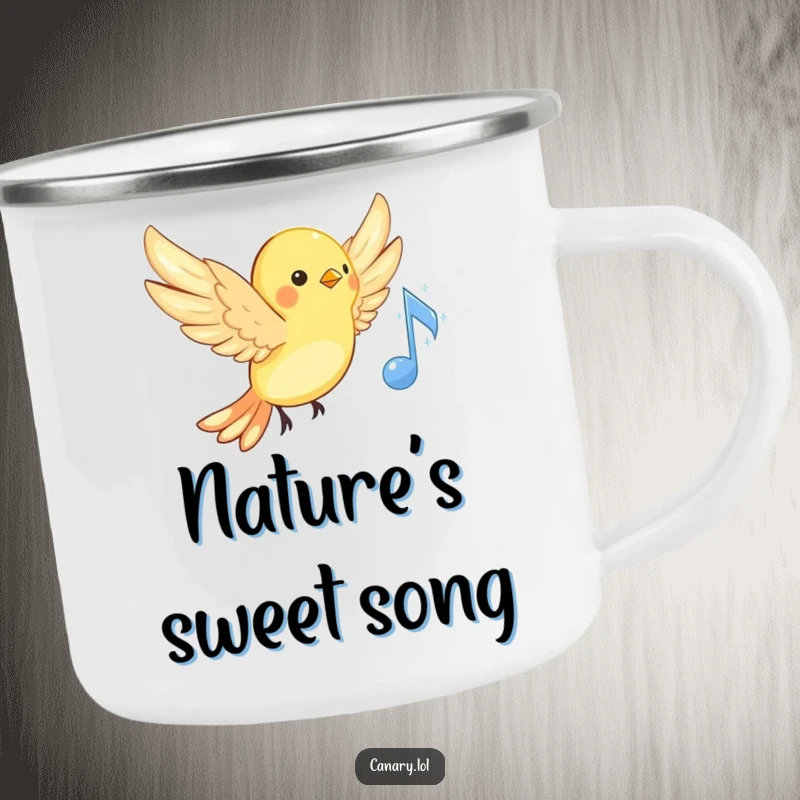 Funny musical canary camping mug, cute bird singing with wings spread near a sparkling musical note, for outdoor use.
