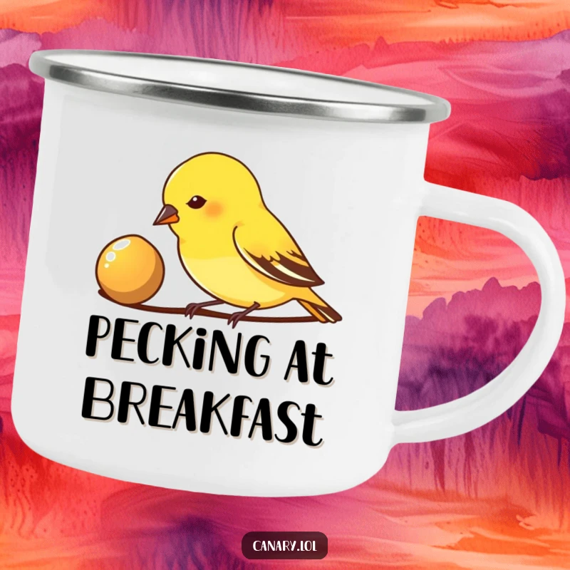 Funny Camping Mug: A small canary bird pecks enthusiastically at a shiny seed, ready for focused outdoor adventures and rewarding sips.