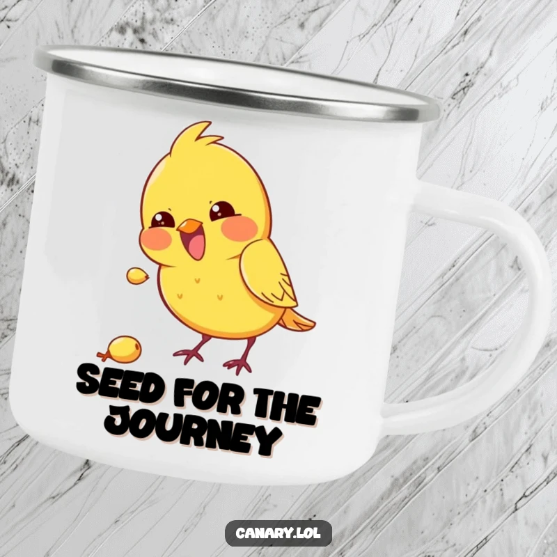 Funny kawaii canary camping mug with a bird excitedly pecking at a tiny seed, perfect for outdoor use.