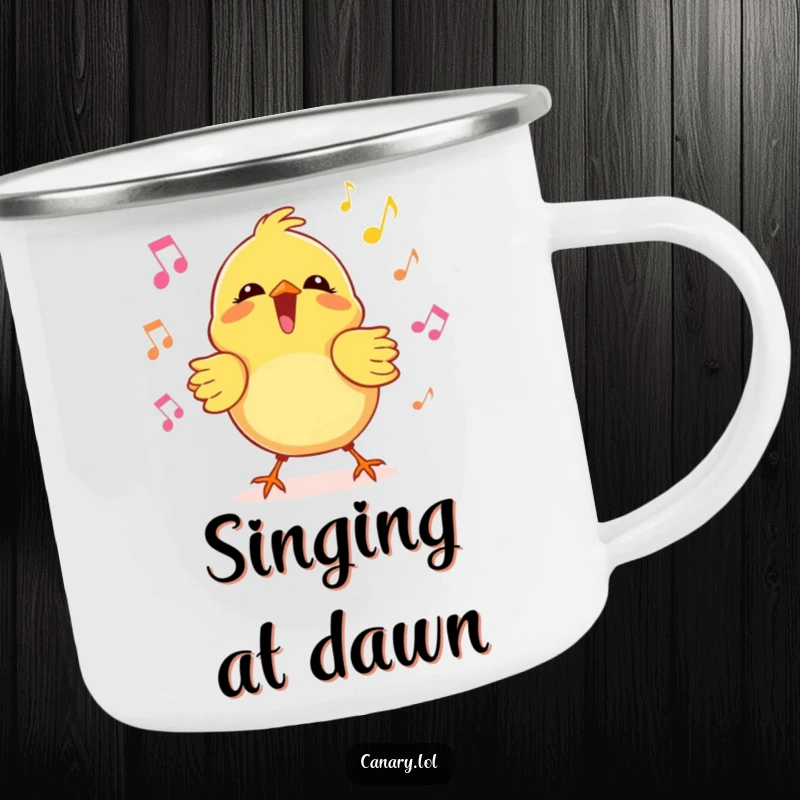 Funny kawaii canary camping mug with a bird joyfully singing and surrounded by musical notes, perfect for outdoor use.