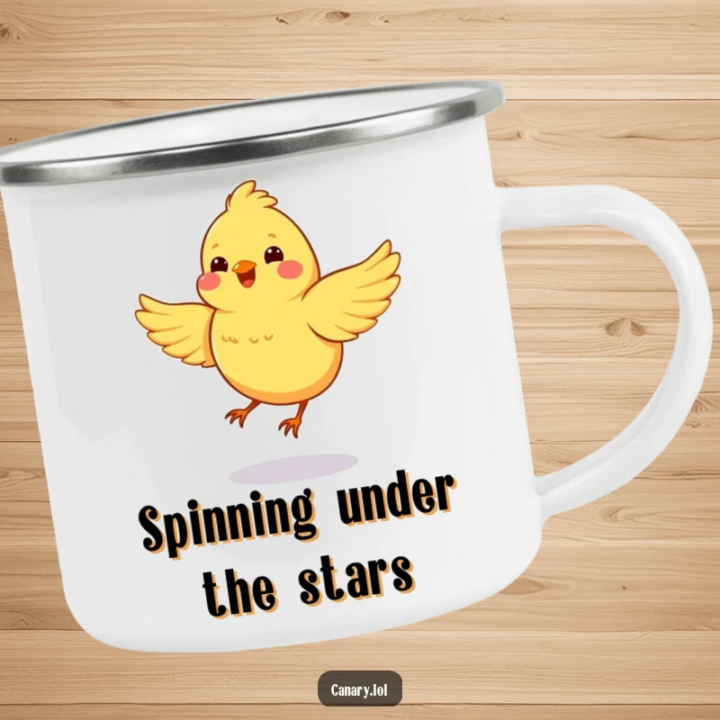 Funny camping mug featuring a happy canary spinning in a circle with wings flapping, perfect for enjoying energetic moments outdoors.