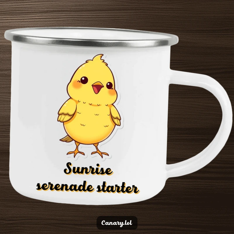 Funny kawaii canary bird camping mug, chest puffed proudly and chirping, a humorous and durable outdoor mug.