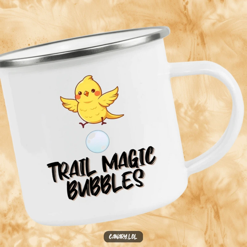 Funny canary bird camping mug, dancing with fluttering wings on a bouncing bubble, ideal for outdoor fun with humor.