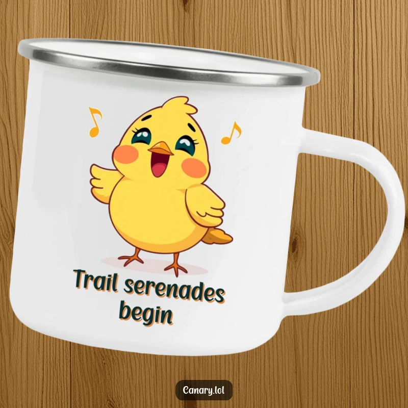 Funny camping mug with a cheerful canary bird joyfully singing a bright, melodic tune, perfect for outdoor enjoyment.