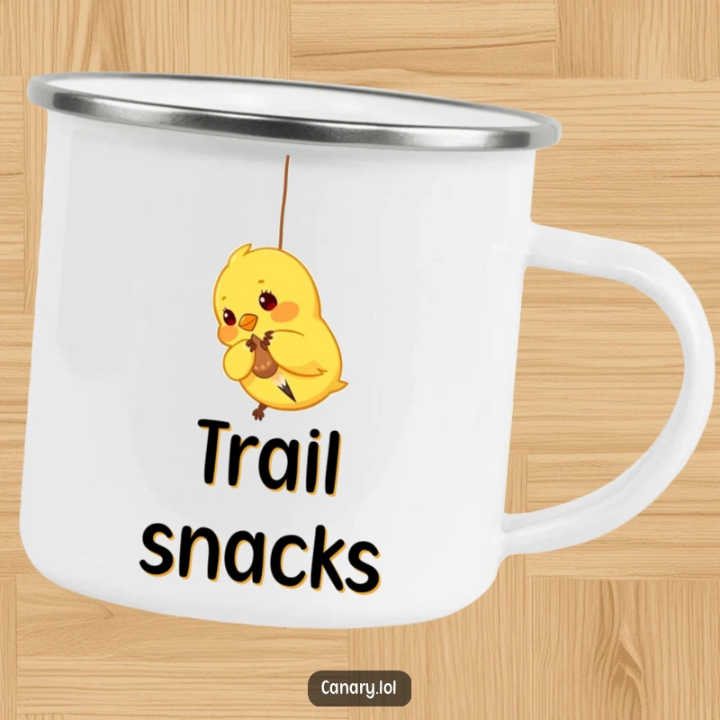 Funny Canary Camping Mug: Sturdy mug featuring a bright yellow bird playfully pecking at a dangling seed, ideal for outdoor enjoyment.