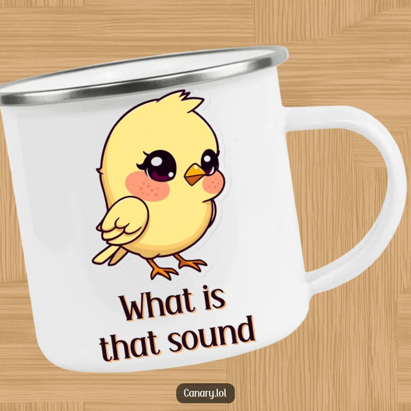 Funny kawaii canary bird camping mug, head tilted quizzically, a humorous and durable outdoor mug.