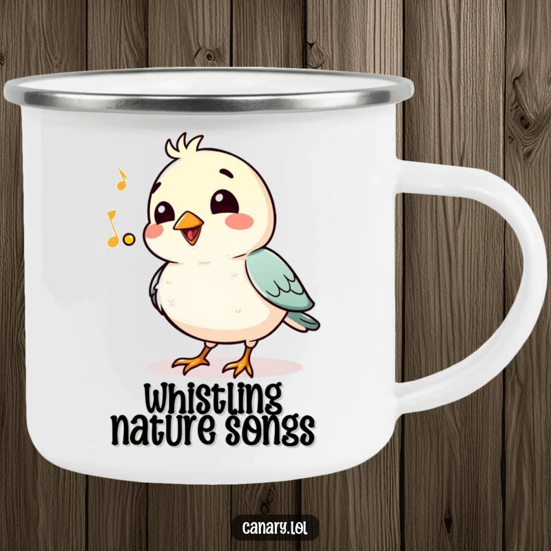 Funny Camping Mug: A proud bird whistles a jaunty tune with a smile, perfect for outdoor adventures and musical moments.